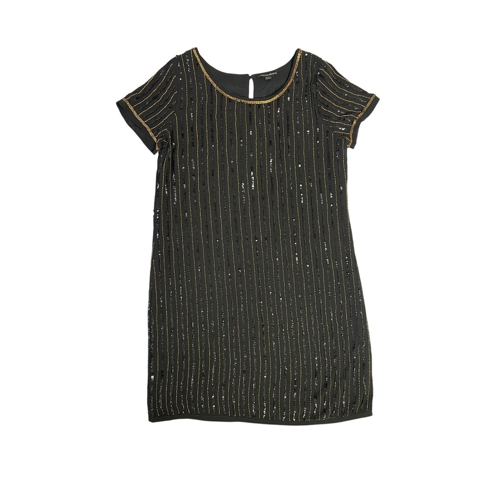 Boston Proper Black & Gold Beaded‎ Chiffon Shift Mini Dress Size 12 Party LBD